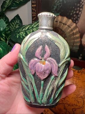 Art Nouveau Silver Over Glass Perfume Bottle Handpainted Enamel Iris Flowers